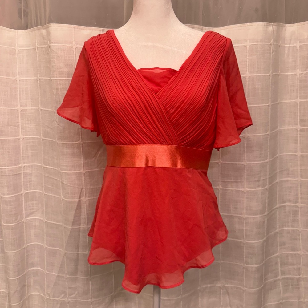Ever Pretty Coral‎ Orange Pleated Chiffon Flutter Sleeve Blouse Top US 8